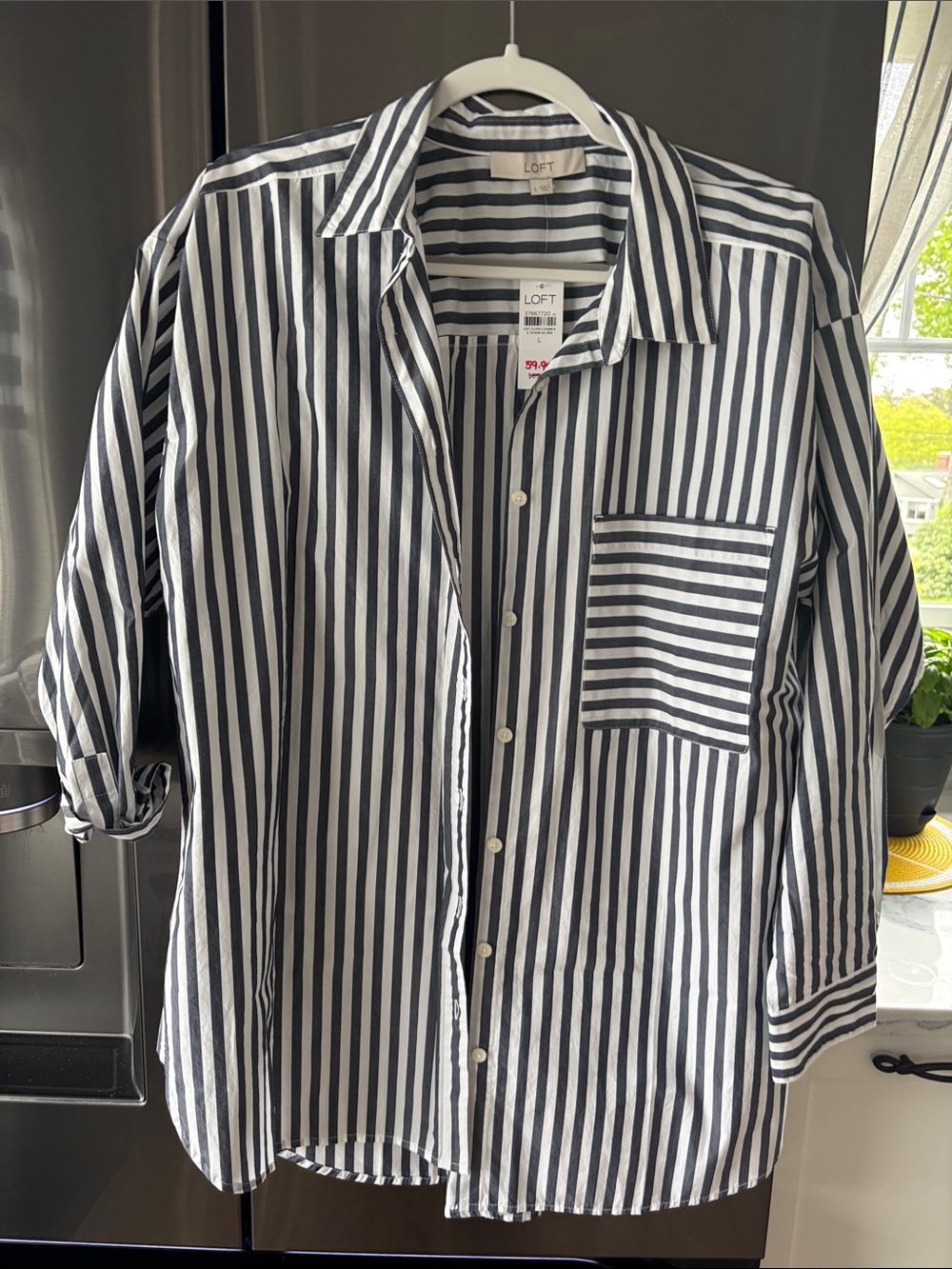LOFT Gray and White Vertical Stripe Button-Up Blouse
